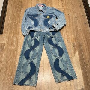 Stylish Denim Jacket and Jeans Set with Floral Detail